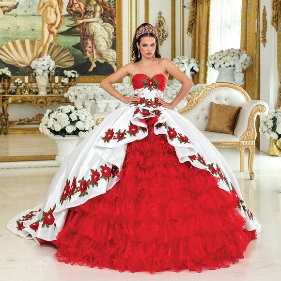 New Strapless Floral Lace Embellished Quinceanera Gown w/ Lace Up Back DQ 1934 - Picture 1 of 8